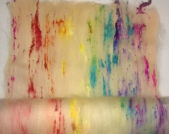 Art Batt - spinning felting fiber arts - 2oz - White Merino and Silk Noil Textured light Rainbow Batt