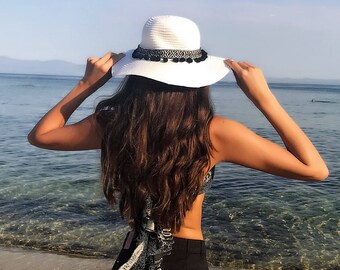 Black and White Bohemian Hat - Straw Hat - Pom Pom Hat - Sun Hat - Beach Hat - Summer Hat - Holiday Hat - Black Pom Poms - Gifts For Her