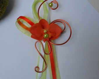 Brooch for bride - back train - Orange, lime green and white