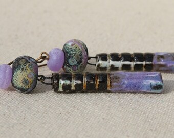 Lavander Velvet, Black and White Porcelain and Lampwork Earrings