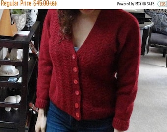 SALE Red Cable Knit Sweater - Fisherman Cardigan - Vintage - Size S M