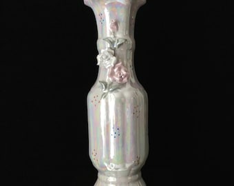 Vintage Lustreware Vase/ Gray Lustre ware with pink and gray roses/Vase/Decorative Antique Vase