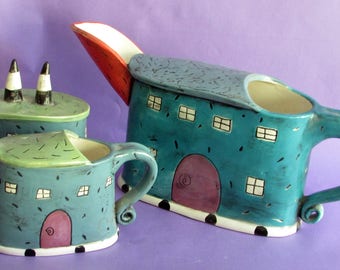Whimsical Teapot, Creamer and Sugar