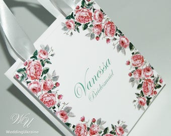 Bridesmaid's Gift bag, Flower girl, Maid of Honor with print roses, satin ribbon handles & custom name - Personalized Bridal Party favors