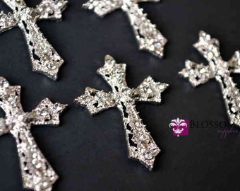 Flat Back Metal Rhinestone Cross Embellishments 27mmX35mm - Flower Centers - Wedding Bridal Prom Christening Baptism - Wholesale Supplies