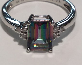 9k White Gold Mystic Topaz And Diamond Ring