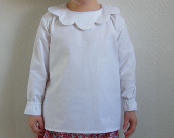 Smock blouse collar cotton white petal flower scalloped mother of Pearl 4/6 years