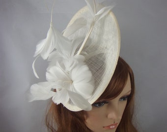 Ivory Cream Statement Curve Saucer Fascinator with Feather Flowers - Wedding Races Special Occasion