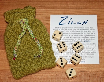 Zilch dice game with handknit bag