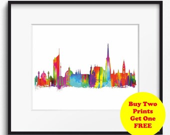 Vienna Skyline Watercolor Art Print (393) Cityscape Wien Austria