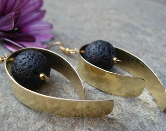 Santorini Black Lava Hoops Hammered Bronze Earrings Contemporary Metalwork Bronze and Black Lava Earrings