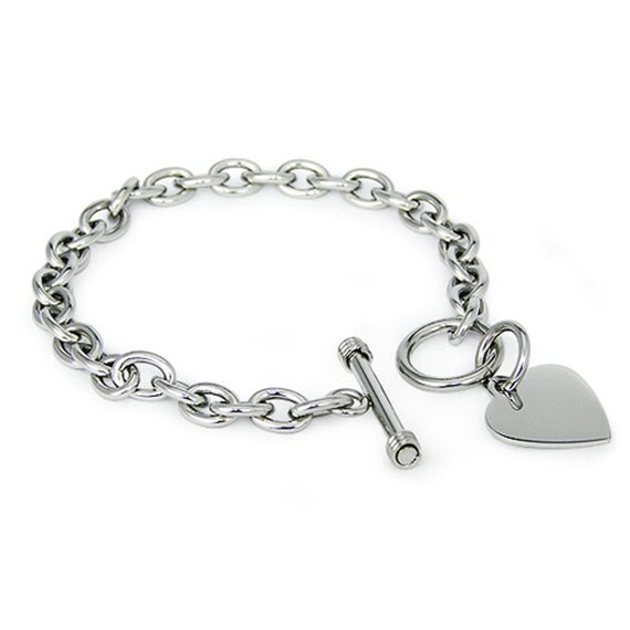 Stainless Steel Heart Tag Charm Toggle Bracelet / Silver