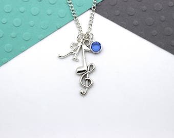 Personalized Music Charm Necklace, Music Note, Treble Clef, Musician Gift Necklace, Personalised Swarovski Birthstone & Initial Name Gift