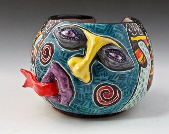 Ceramic Yarn Bowl Pottery, Face Yarn Bowl, Coraline, Snot Nosed Majolica String Holder - Knitting Bowl - Crochet Bowl, gift for Mom