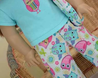 American Girl Doll 3 piece PAJAMA Loungewear Set with Appliqued Owl Blue TEE Top and Pants and Overnight BAG for 18 Inch Doll