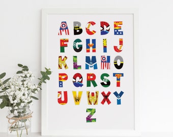 Superhero Alphabet, Alphabet Print, Superhero Nursery, Boys Wall Art, Alphabet Nursery, Playroom, Alphabet Wall Art, Baby Superhero, Letters