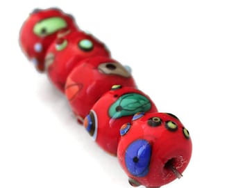 In STOCK 5 Red handmade lampwork beads Miro lampwork bead set Red lampwork beads Red glass beads red glass beads Anne Londez OOAK SRA