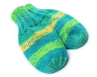 Wool-Free Thumbless Teal Baby Mittens. Hand Knit No Thumb Cordless Baby Mitts. Winter Mittens on String. Infant 9 to 12 Months Hand Warmers