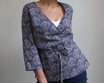 classic wrap shirt SEWING PATTERN with narrow waist ties and three quarter sleeves