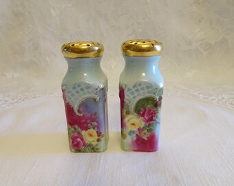 Vintage Porcelain Hand Painted Rose Floral Gold Trim Salt and Pepper Shakers