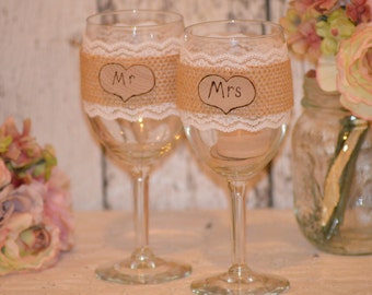 burlap wedding glasses, mr and mrs glasses bride and groom toasting flutes, rustic wedding