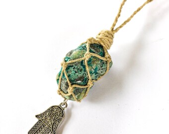Chrysocolla Necklace Wrapped in Hemp