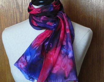 Abstract silk scarf hand dyed in shades of red, blue and merlot, oblong silk scarf #572 is ready to ship