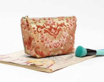 Cut Velvet Pouch, Pink Cosmetic Bag, Large Makeup Bag, Floral Tapestry bag Handmade by EllaOsix