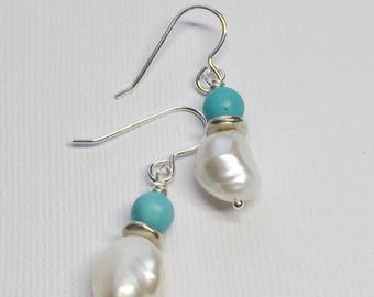 Turquoise and Pearl Gemstone Earrings- Sterling Silver Earrings- Sundance Style- Freshwater Pearls and Genuine Turquoise- Gift Idea-