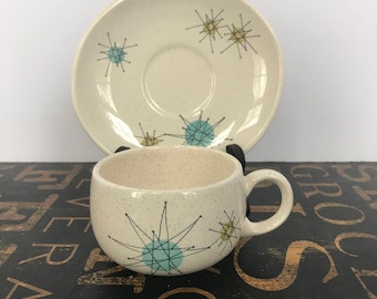 Franciscan Starburst Flat Cup & Saucers, Atomic Design, 1950s, Vintage Kitchen, Atomicware, Franciscanware, Atomic, Tea Cup and Saucer