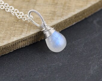 Rainbow Moonstone Pendant in Sterling Silver, Rose or Yellow Gold Filled. Wire Wrapped Necklace Charm. Flashy Blue AAAA Gemstone Jewelry
