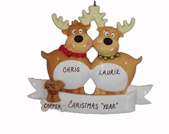 Personalized Couple Ornament with Dog - Personalized Couple Ornament with Cat - Reindeer Couple Ornament with custom Dog or Cat Added
