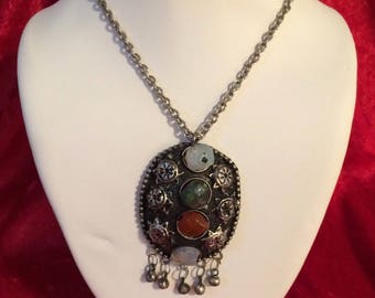 Turkish Silver Handmade Pendant with semiprecious stones 1970s