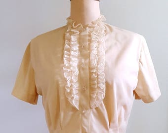 Butter cream delight | 1960s ruffled blouse | 60s nylon secretary top