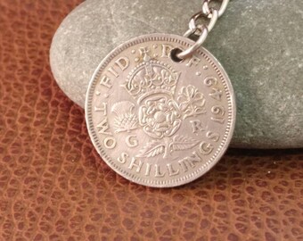 1949 King George VI British Two Shillings Coin Keyring, English Coin Keychain. British Coin Key Ring