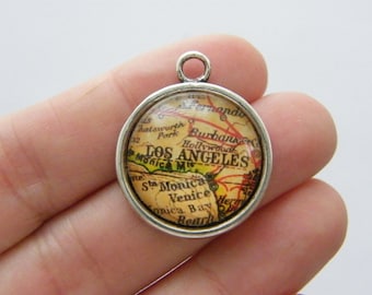 4 Los Angeles map charms antique silver tone WT125