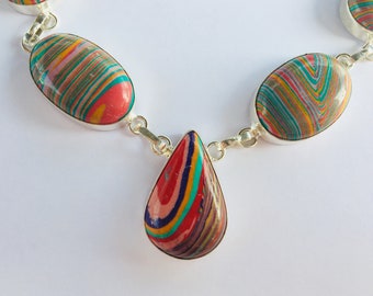 Rainbow Calsilica Necklace set in Heavy Silver Plate