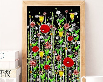 Original Drawing - Poppy Flowers 2 - 8.5x12" up to 24x34" Art Print, Wall Decor, Illustration
