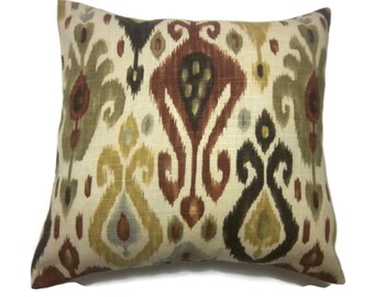 Decorative Pillow Cover Ikat Design Burnt Orange Dark Brown Olive Green Yellow Gold Same Fabric Front/Back Toss Throw Accent 18x18 inch x