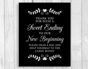 Sweet Ending to a New Beginning Printable 5x7, 8x10 Wedding or Bridal Shower Candy Buffet Sign - Black and White with Hearts, Laurels