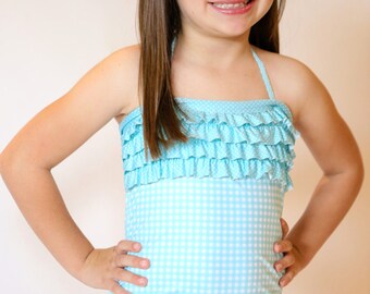 Blue & White Gingham Ruffle One-Piece - Girls