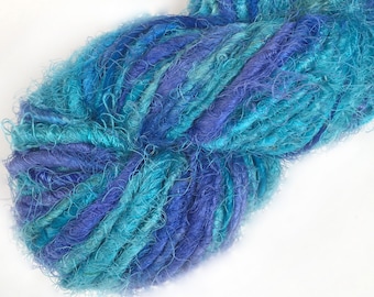 Recycled Sari Silk Yarn Hank - Turquoise and Blues - Fair Trade, Textile Fiber, Art Yarn, Crochet Yarn, Knitting, Silk Fabric LL
