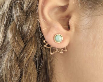 Gold Lotus Ear Jacket Earring, Minimalist Ear Cuffs, Turquoise Jacket Earring, Gold Stud Earring, Yoga Lotus Earrings, Women Trendy Jewelry