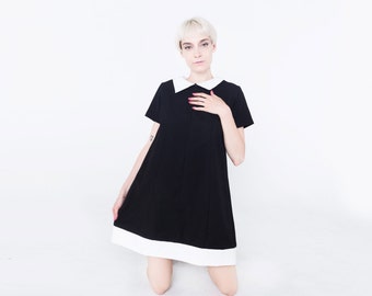 Black Babydoll Mod Dress, Babydoll dress with white collar, Rosemary's Baby Dress, Vintage Shift Dress White Collar, Pointy White collar