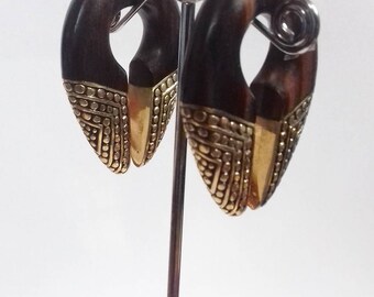 Brass ear weights-wood ear weights-tribal ear hanger-stretch earring-keyhole brass ear weights 1 pair
