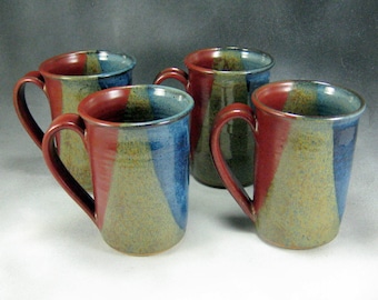 Large Pottery Mug Blue Red and Yellow 4 mug Set Ceramic Coffee Mug Set 16 Ounce Mug Hand Thrown Stoneware Pottery Mug