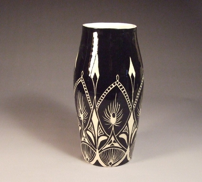 Extra Large Black and White Wheel Thrown Stoneware Sgraffito