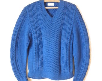 Vintage Hand Crochet Cable Knit Sweater- Chunky Knit V-Neck Azure/Royal Blue Sweater- Mens Small/Womens Large- Beautifully Handmade Sweater!