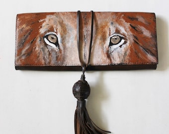 SOLD, Message for a remake -- Lion purse, painted clutch, leather, handpainted by Stars on Mars.