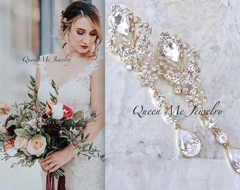 Long Yellow Gold Chandelier wedding earrings Gold crystal Statement earrings Bridal earrings Brides earrings Jewelry For a bride CAMI
